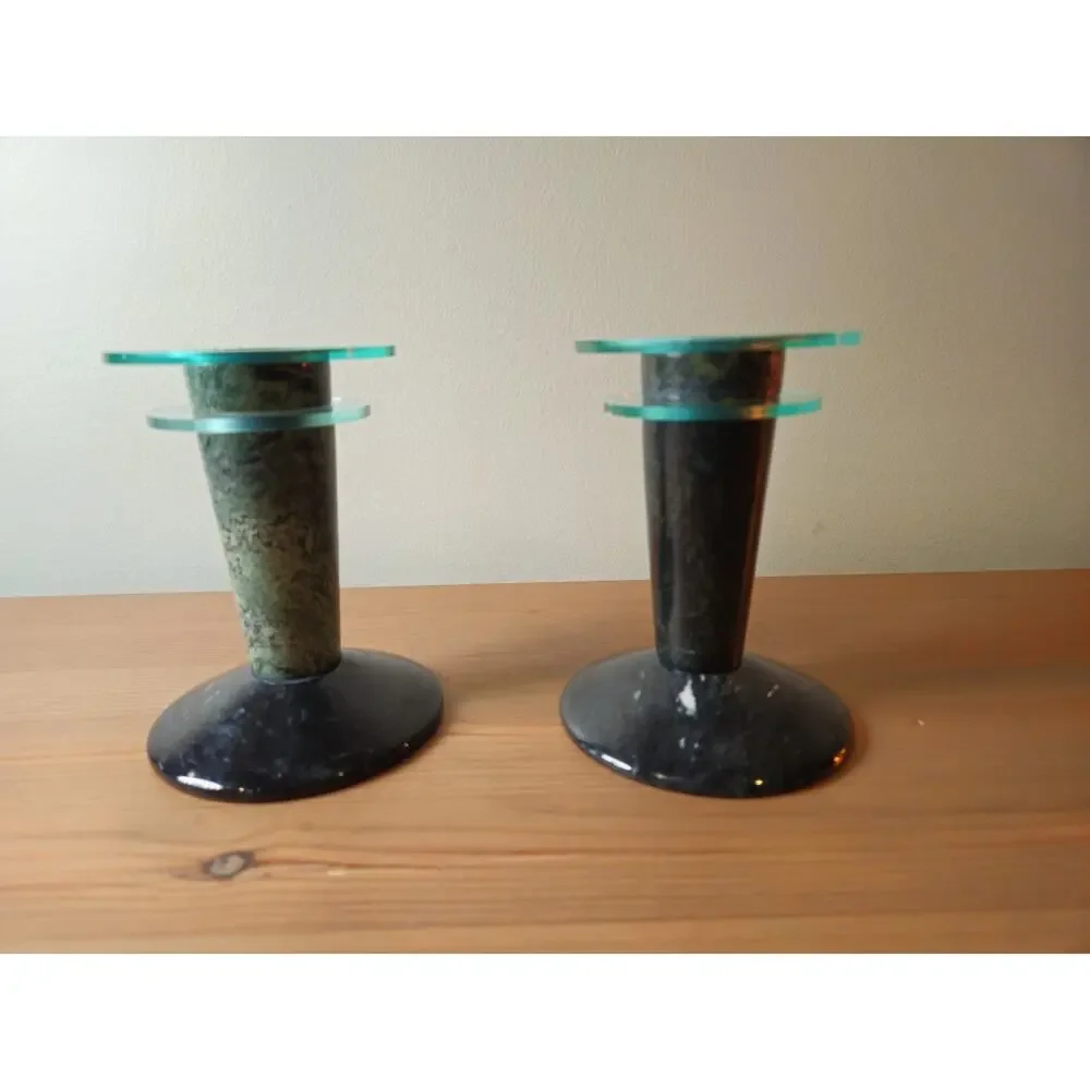 2 Milano Series Memphis Style 1980s Green-Black Marble Candle Holder Pair